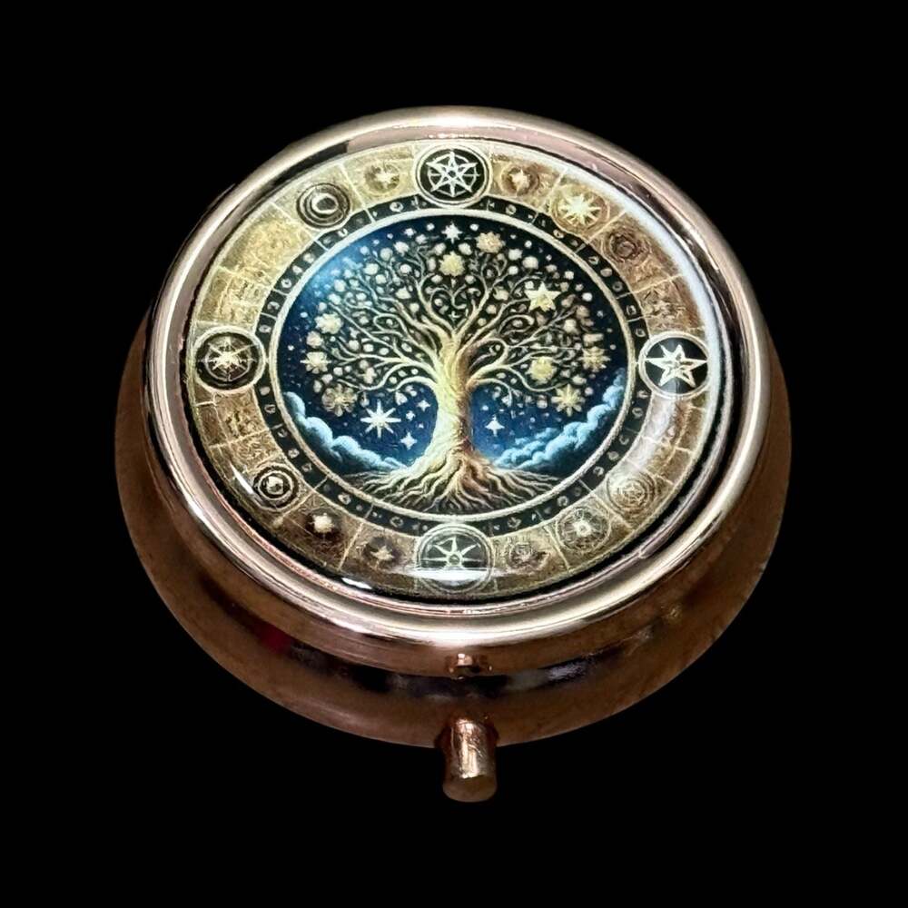 Cute Tree of Life Portable Round Metal Pill Organizer Case